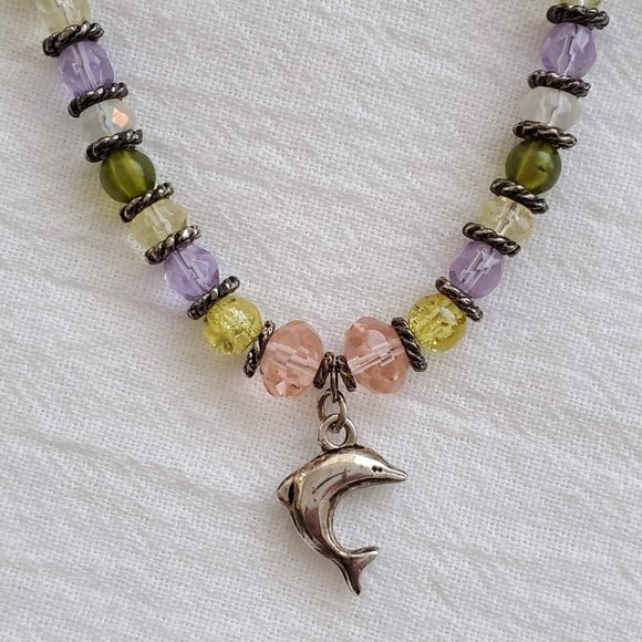 Colorful Glass Bead and Silver Dolphin Necklace - Picture 2 of 4